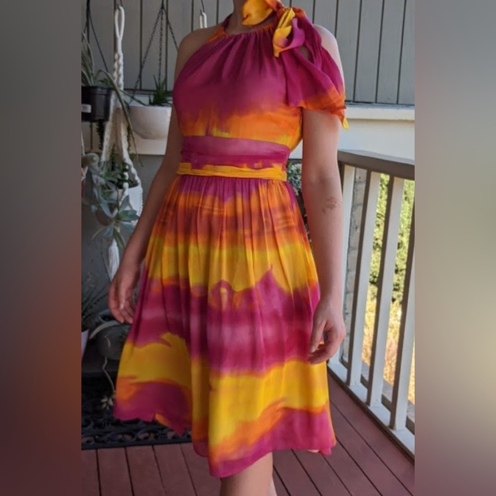 Express Pink Orange Yellow Summer‎ Cute Halter Knee Length Dress 2 X Small XS